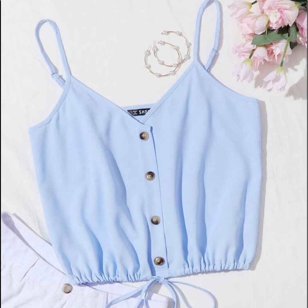 Blue Drawstring Hem Buttoned Cami Top - Picture 1 of 5